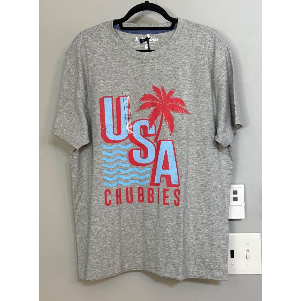 Chubbies Mens T Shirt Medium USA Flag Palm Tree Graphic Tee Gray Short Sleeve